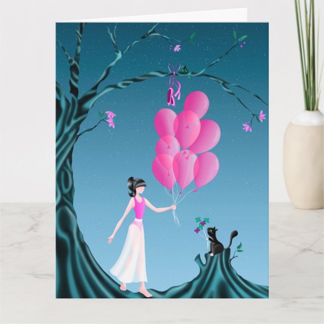 Cute Ballerina & Cat Night Sky Greetings Card (Front)