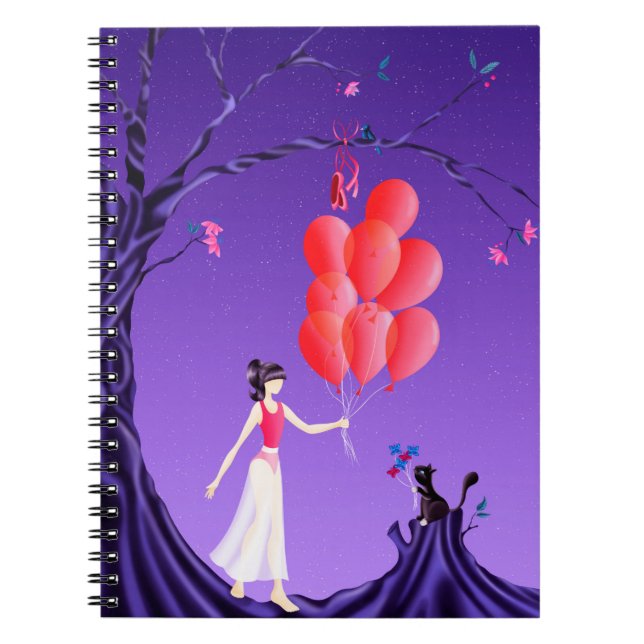Cute Ballerina & Cat Night Sky Notebook (Front)