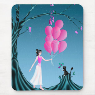 Cute Ballerina & Cat Pink Balloons Mouse Pad
