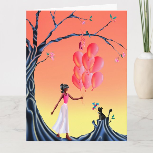 Cute Ballerina & Cat Sunset Tree Greetings card  (Front)