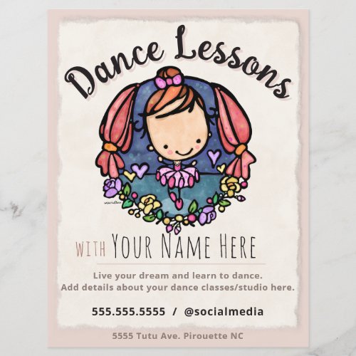 Cute Ballerina Dance Lessons Studio Business Card Flyer