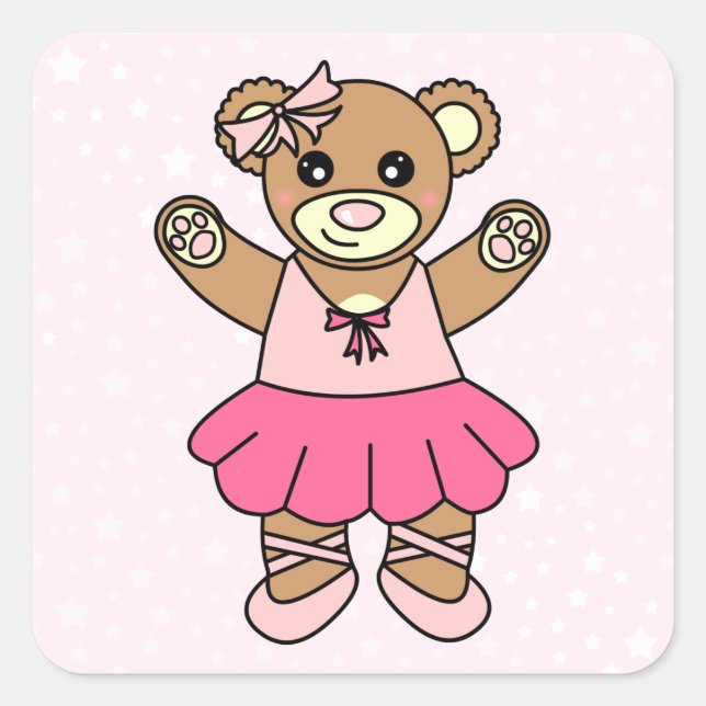Cute Ballerina Dancing Teddy Bear - Pink Square Sticker (Front)