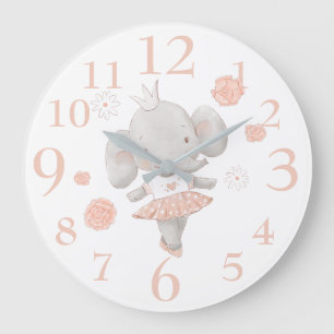 Cute Ballerina Elephant in Coral and Gray Large Clock