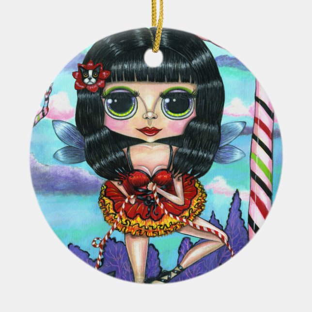 Cute Ballerina Fairy Doll with Boston Terrier Bow Ceramic Ornament (Front)