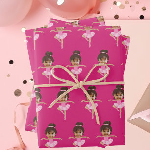 Cute Ballerina Girl Customized Kids Photo Pink Wrapping Paper Sheets