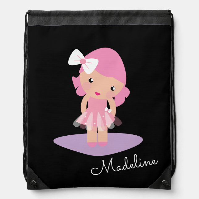 Cute Ballerina Girl Monogrammed Script   Drawstring Bag (Front)