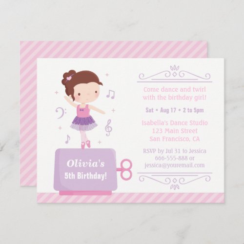 Cute Ballerina Girl Music Box Birthday Party Invitation