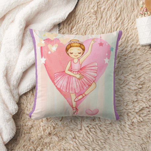 Cute Ballerina Girl Stars and Hearts Colorful Throw Pillow