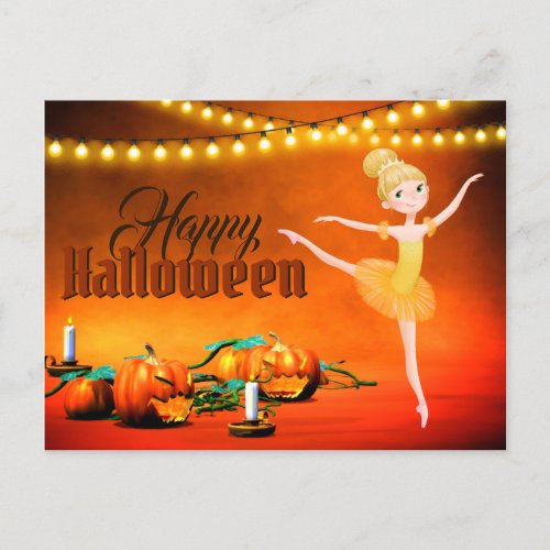 Cute Ballerina Halloween and Pumpkins Dance Postcard