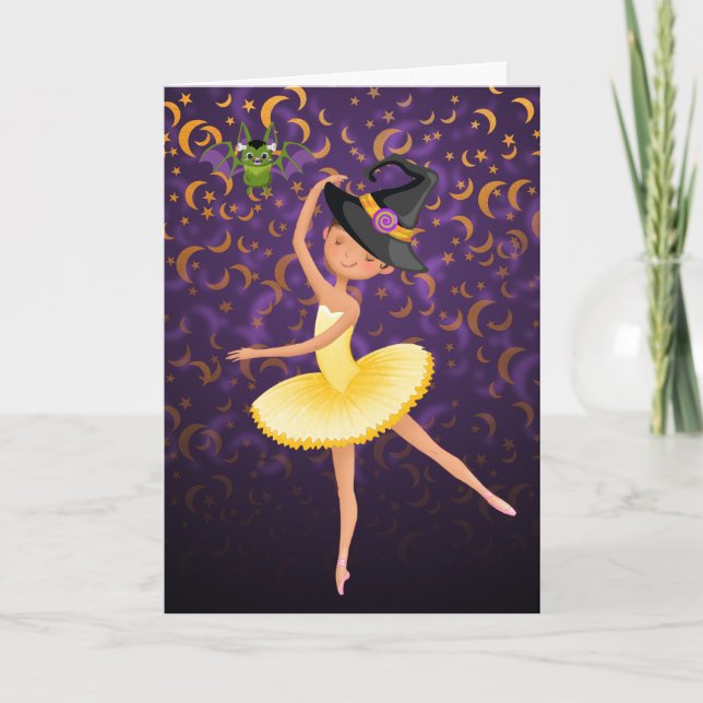 Cute Ballerina Halloween Bat and Moons Ballet Holiday Card (Front)