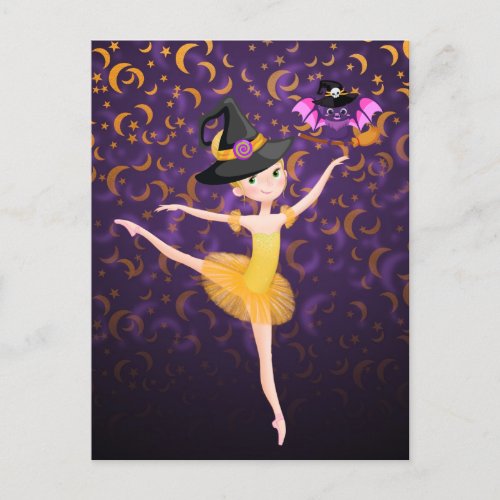 Cute Ballerina Halloween Bat and Moons Ballet Postcard