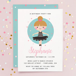 Cute Ballerina in Black Dress Kids Birthday Party Invitation