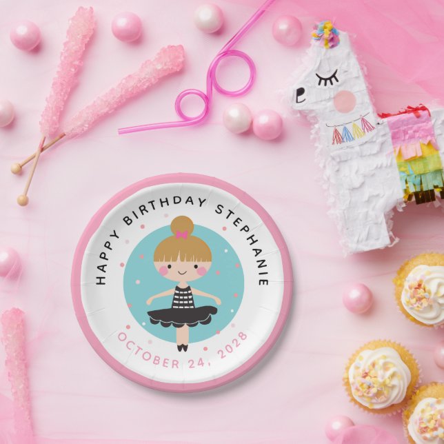 Cute Ballerina in Black Dress Kids Birthday Party Paper Plates (Party)