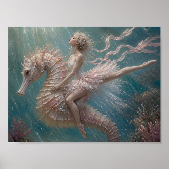 Cute Ballerina on Her Pink Seahorse Poster (Front)