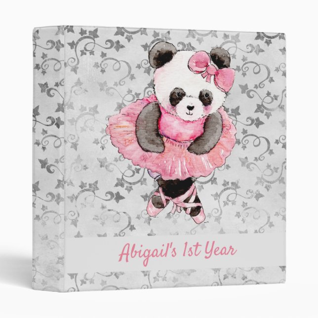 Cute Ballerina Panda Bear Silver Child's 1st Year 3 Ring Binder (Front/Spine)