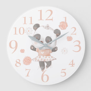 Cute Ballerina Panda in Coral and Gray Large Clock