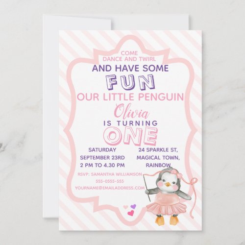 Cute Ballerina Penguin Pink 1st Birthday Invitatio Invitation
