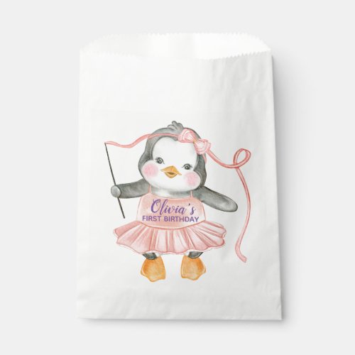 Cute Ballerina Penguin Pink 1st Birthday Party Favor Bag
