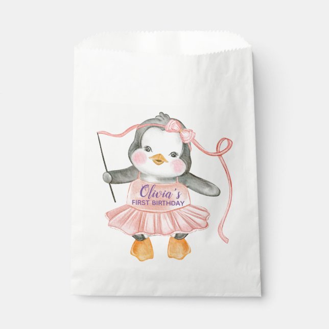 Cute Ballerina Penguin Pink 1st Birthday Party Favor Bag (Front)