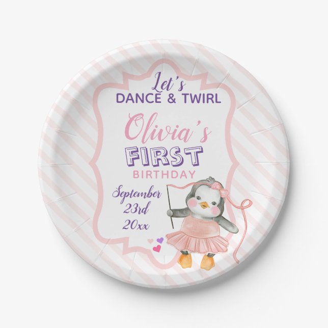 Cute Ballerina Penguin Pink 1st Birthday Party Pap Paper Plates (Front)
