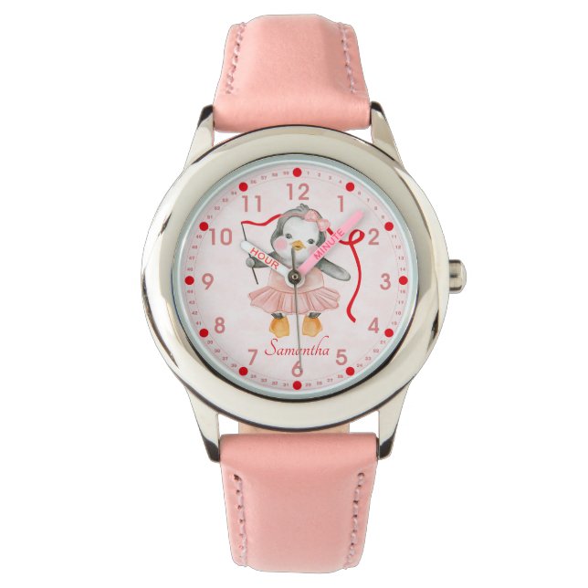 Cute Ballerina Penguin Pink Personalized Watch (Front)