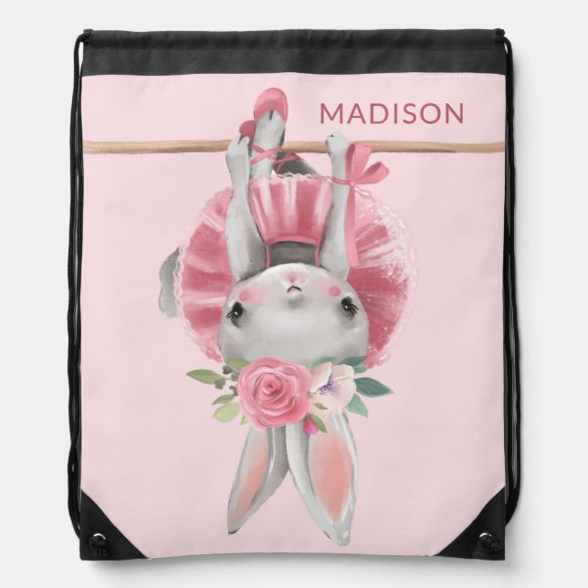 Cute Ballerina Pink Ballet Bunny Personalized Drawstring Bag (Front)
