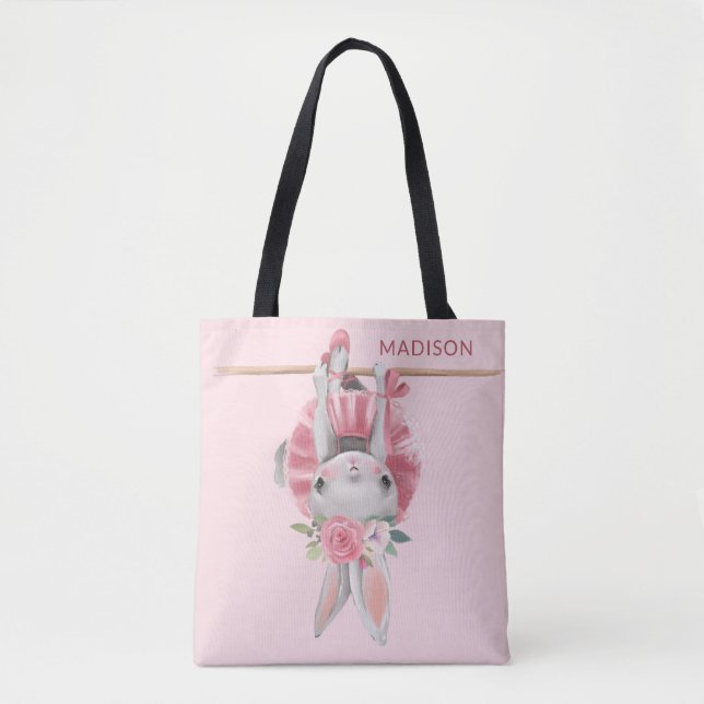 Cute Ballerina Pink Ballet Bunny Personalized Tote Bag (Front)