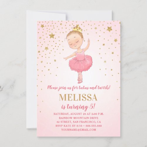 Cute Ballerina Pink Gold Glitter  Girl Birthday Invitation