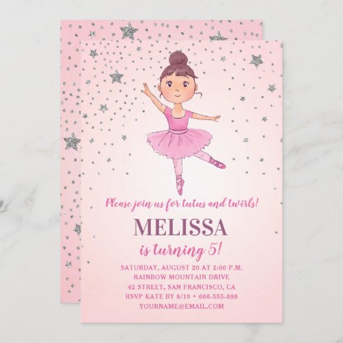 Cute Ballerina Pink Silver Stars  Girl Birthday Invitation