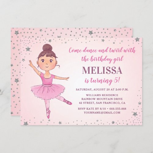 Cute Ballerina Pink Silver Stars Girl Birthday Invitation