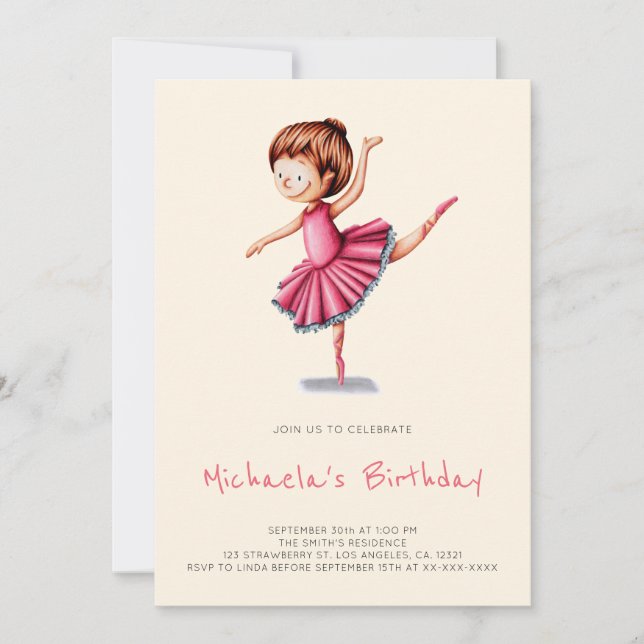 Cute Ballerina Pink Tutu Dance Girl Birthday Invitation (Front)