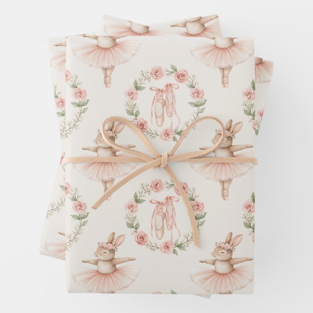 cute ballerina rabbit and flowers wrapping paper sheets (In situ)
