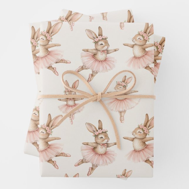 cute ballerina rabbits in pink tutus wrapping paper sheets (In situ)
