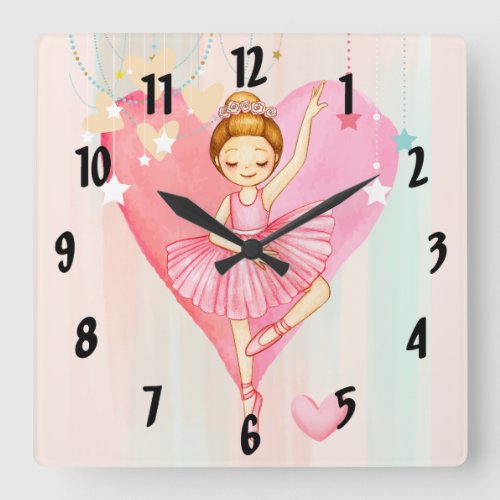 Cute Ballerina Stars and Hearts Colorful Square Wall Clock