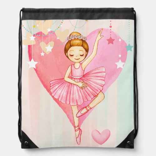 Cute Ballerina Stars and Hearts Pastel Colored Drawstring Bag