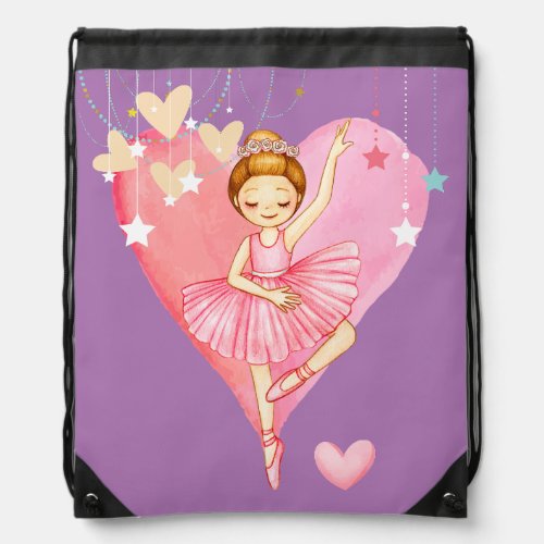 Cute Ballerina Stars and Hearts Purple Drawstring Bag