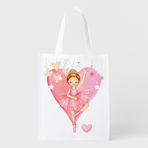 Cute Ballerina Stars and Hearts Reusable  Grocery Bag