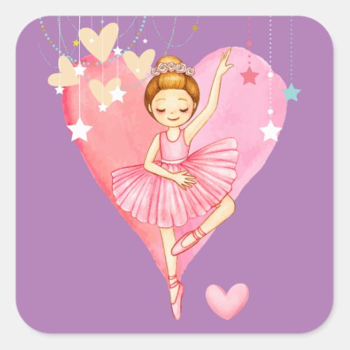 Cute Ballerina Stars and Hearts Square Sticker