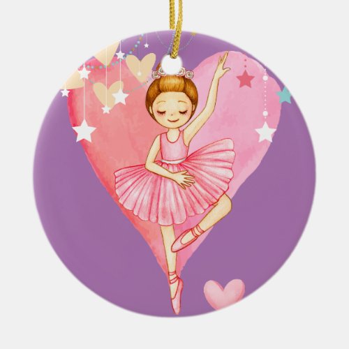 Cute Ballerina Stars Hearts Purple Ceramic Ornament