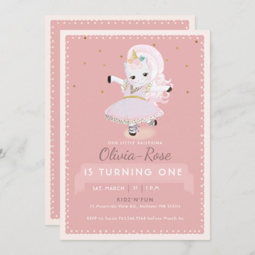 Cute Ballerina Unicorn Dusty Pink Girl Birthday Invitation