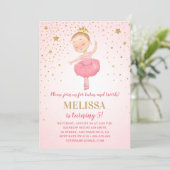 Cute Ballerina Watercolor Pink Gold Girl Birthday Invitation (Standing Front)