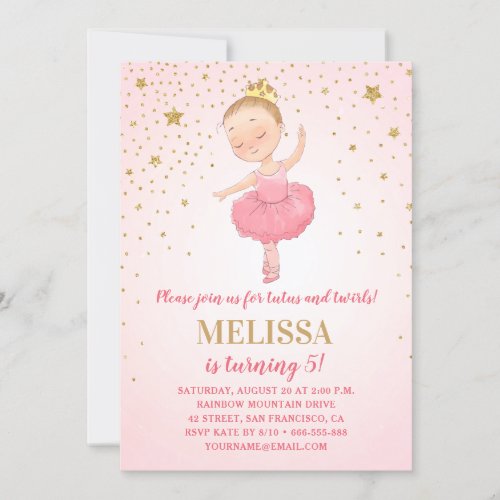 Cute Ballerina Watercolor Pink Gold Girl Birthday Invitation