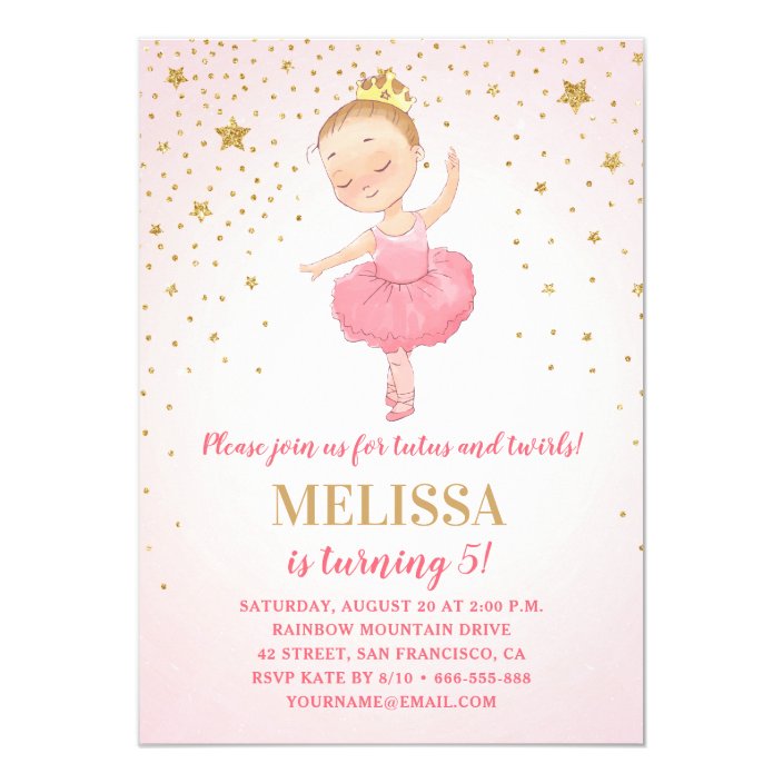 Cute Ballerina Watercolor Pink Gold Girl Birthday Invitation Zazzle Com