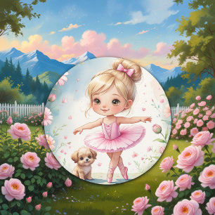 Cute Ballerina with Puppy Watercolor Classic Round Sticker