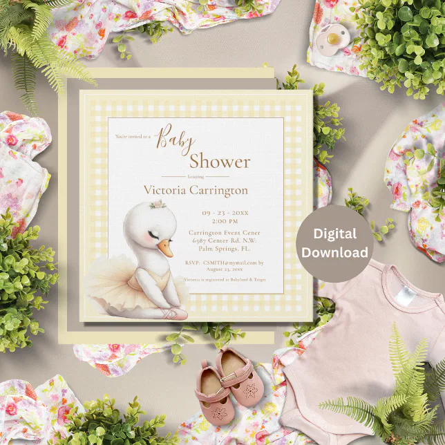 Cute Ballerina Yellow Plaid Baby Shower Invitation | Zazzle