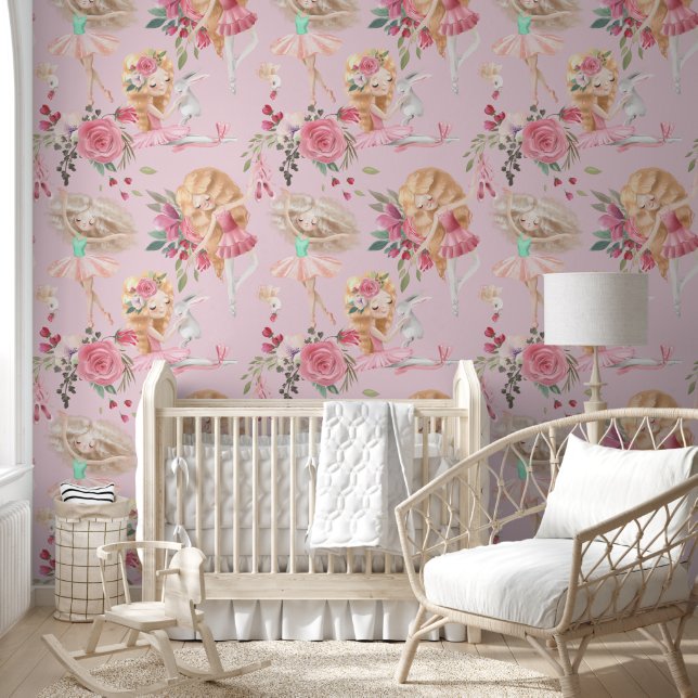 Cute ballerinas with red roses on pink wallpaper  (Kids)