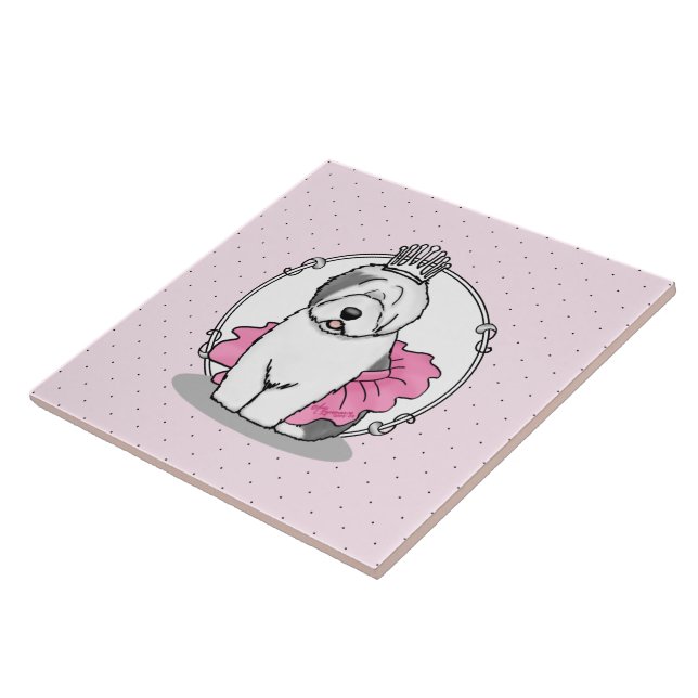 Cute Ballet Princess Old English Sheepdog Gray 1 Ceramic Tile (Side)