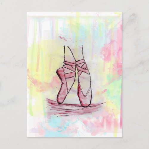 Cute Ballet shoes sketch Watercolor hand drawn Postcard