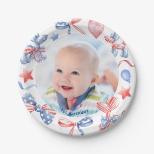 Cute Balloon 4th July 1st Birthday Photo Paper Plates