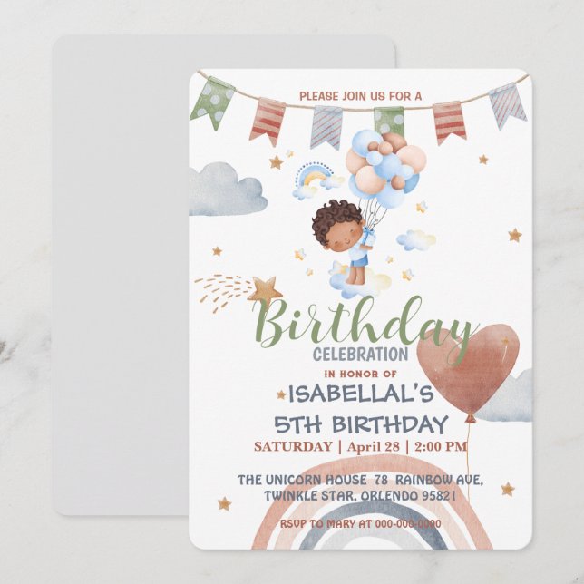 Cute Balloon African american boys Birthday party Invitation (Front/Back)